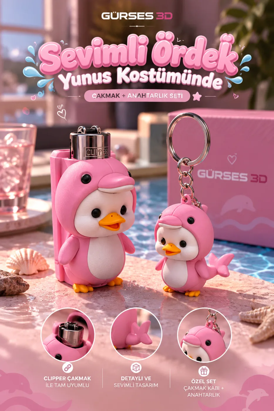 Yunus Kostümlü Sevimli Ördek 3D Çakmak Kabı & Anahtarlık Hediye Seti (Çakmak dahil)