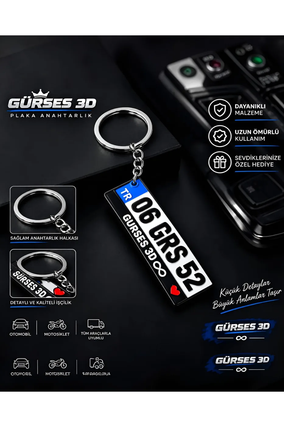 Gürses 3D Kişiye Özel Kabartmalı Plaka Anahtarlık - İsme & Plakaya Özel Çift Taraflı Tasarım