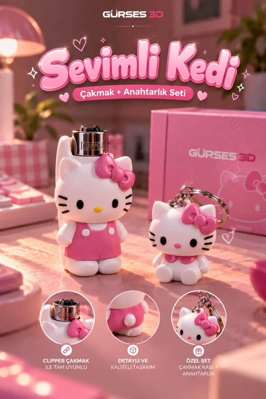 Hello Kitty 3D Çakmak Kabı & Anahtarlık Hediye Seti (Çakmak Dahil)