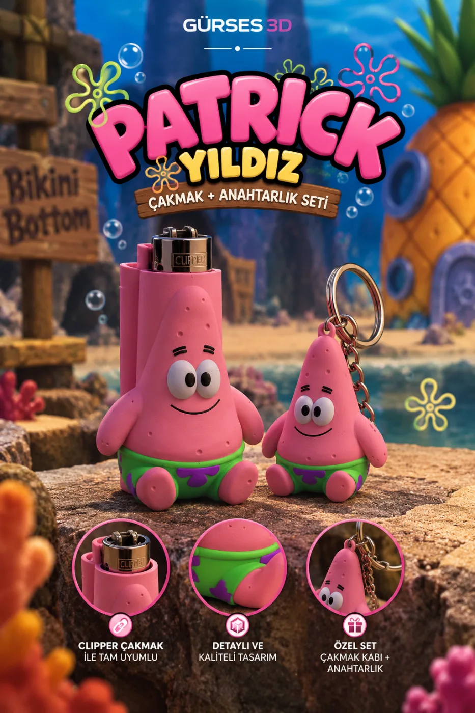 Patrick Yıldız 3D Çakmak Kabı & Anahtarlık Hediye Seti (Çakmak Dahil)