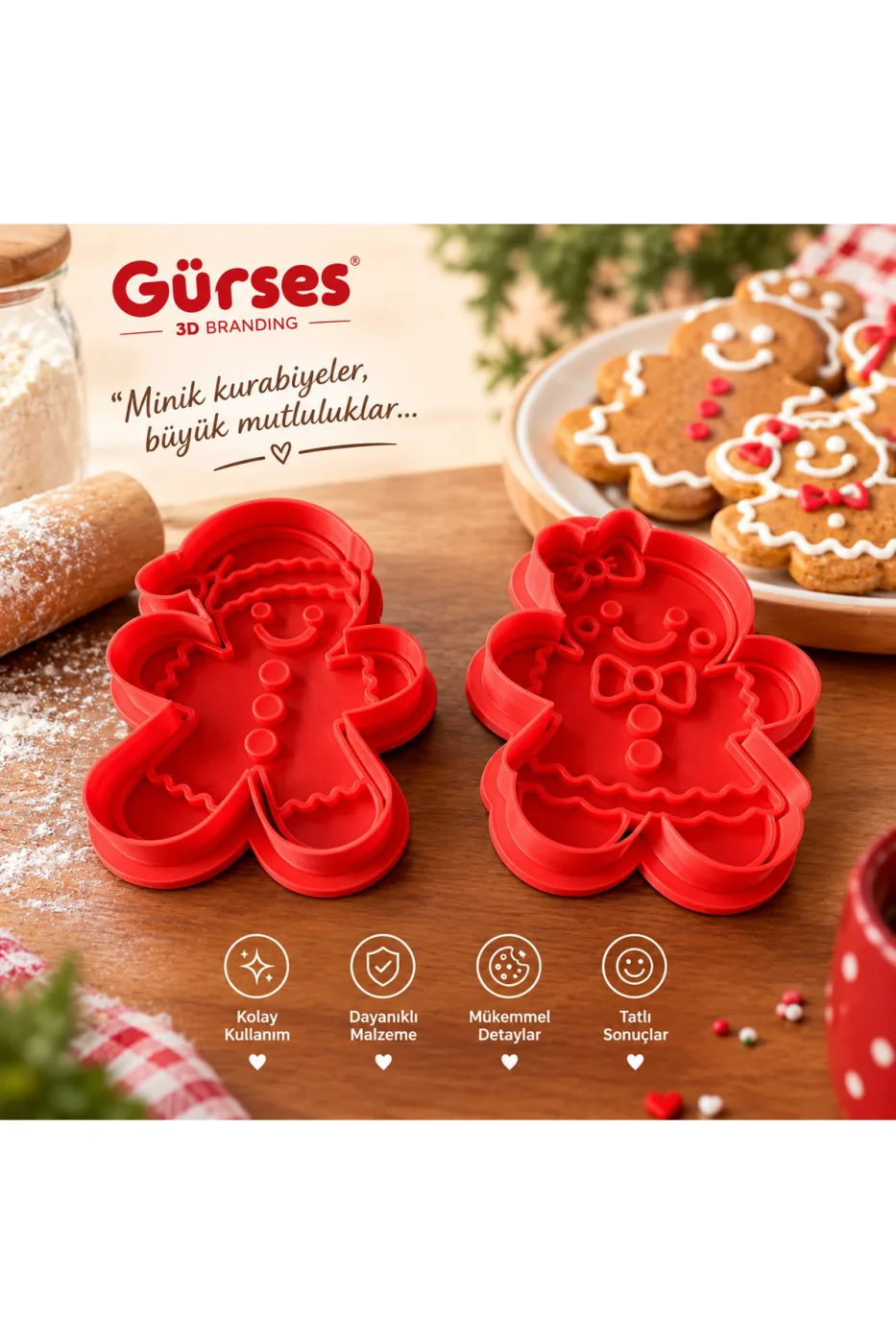 Yılbaşı Gingerbread Man Kurabiye Kalıbı 2'li Set - Zencefilli Kurabiye ve Hamur Kesici Damga