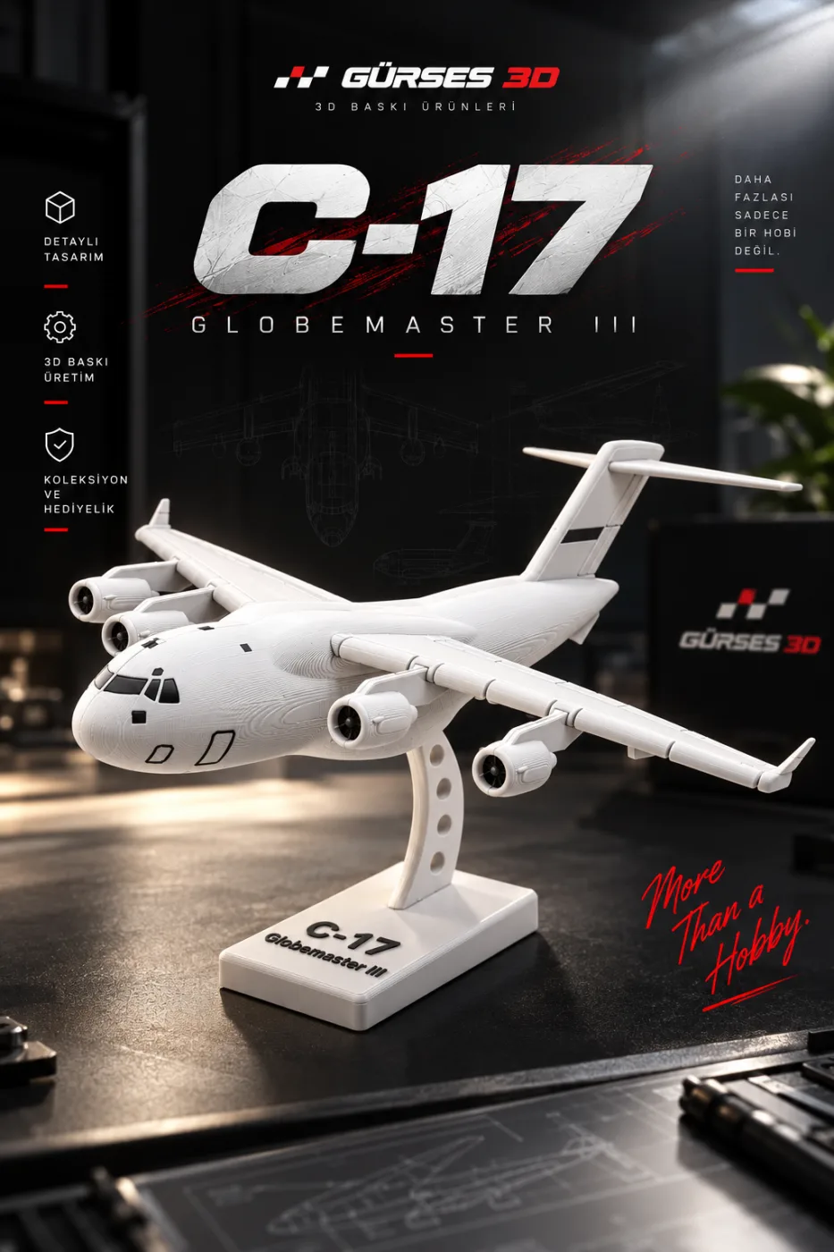 C-17 Globemaster III Askeri Kargo Uçağı 3D Masaüstü Maket & Kit Kart