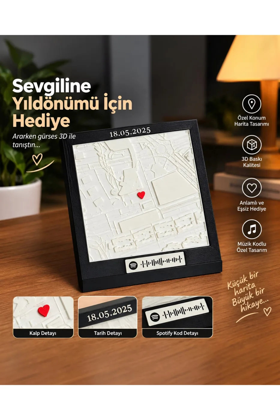 Kalbimin Rotası 3D Kabartma Şehir Haritası Dekoratif Masa Tablosu