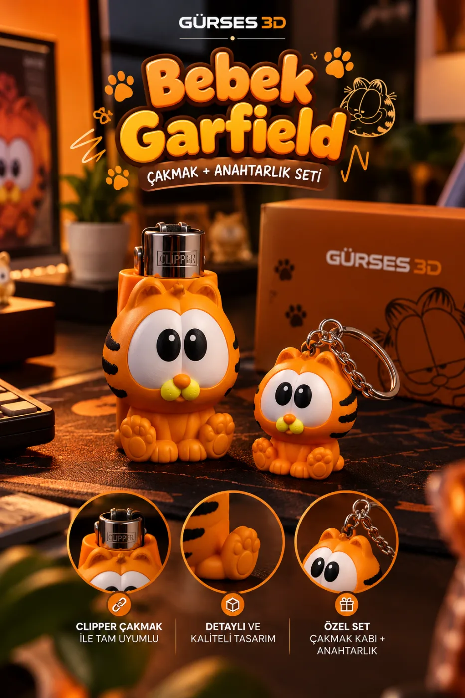 Bebek Garfield 3D Çakmak Kabı & Anahtarlık Hediye Seti (Çakmak Dahil)